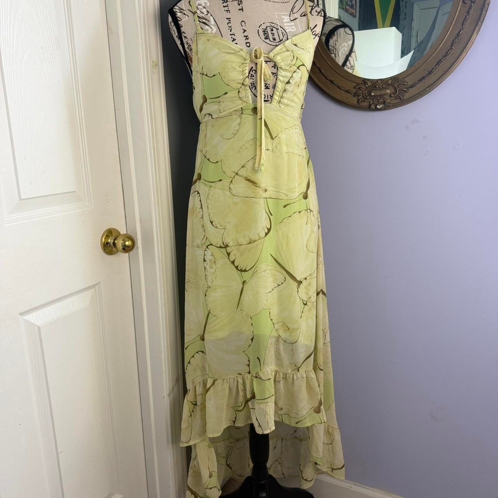 Wild Fable green butterfly print maxi dress with asymmetrical ruffle hem